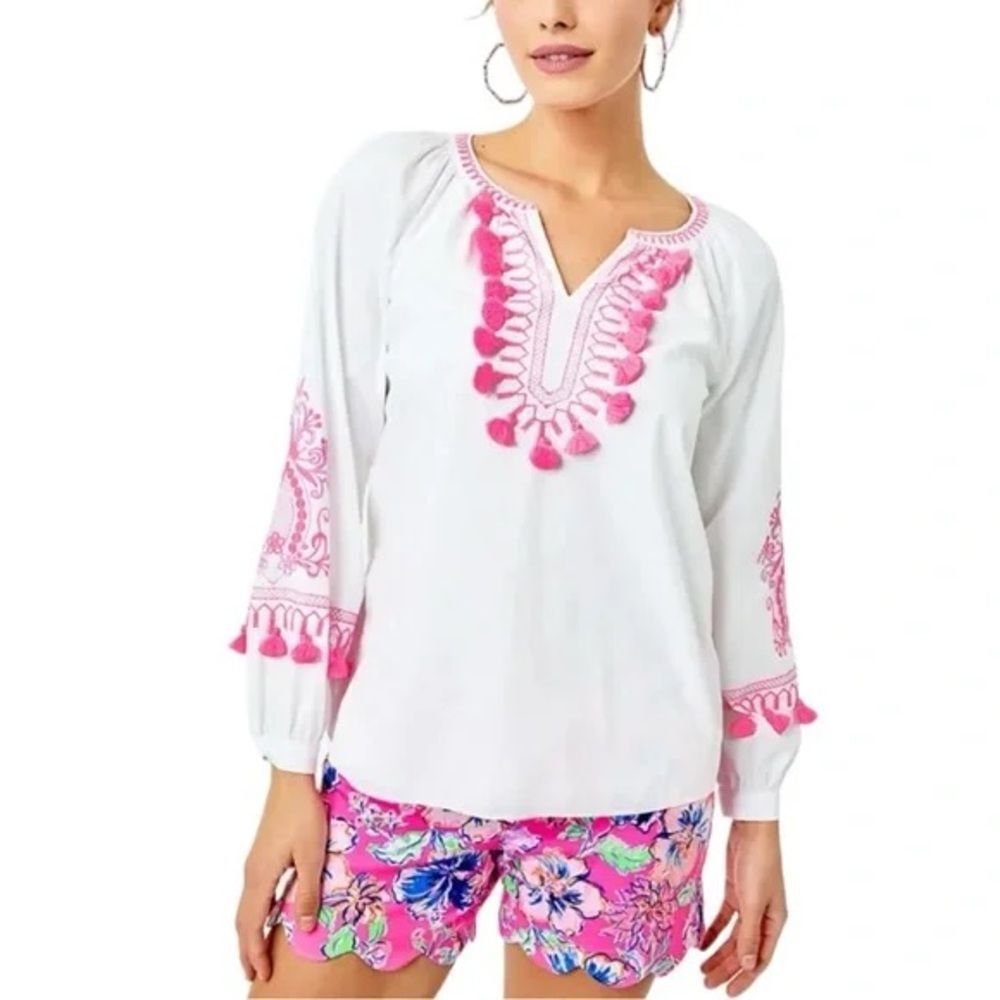 Lilly Pulitzer Kaydence White Pink Embellished Blouse Medium